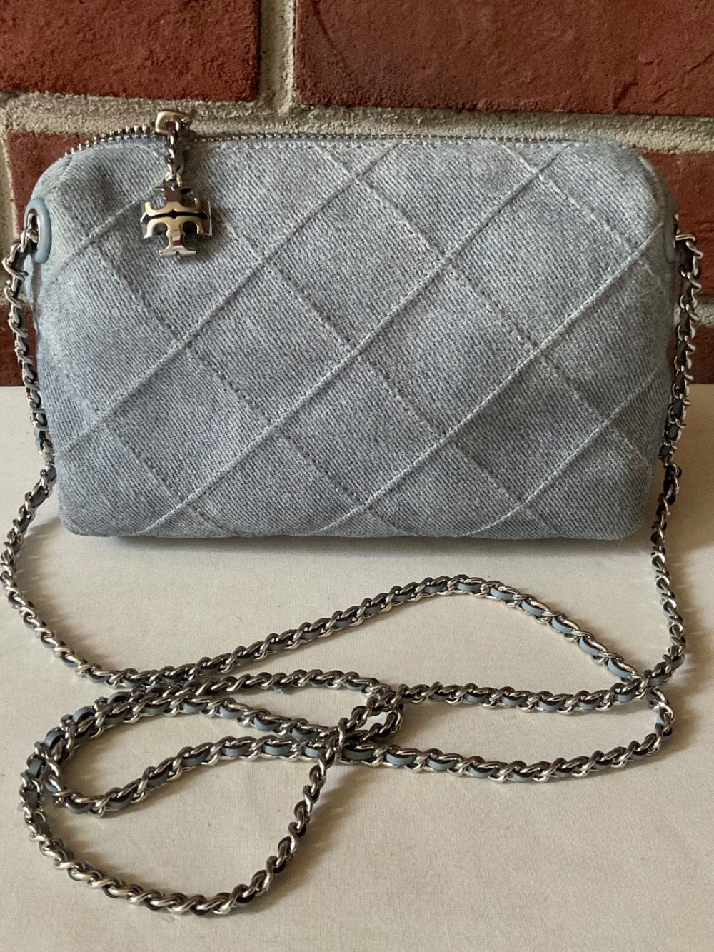 Tory Burch Fleming Soft Denim-Print Suede Crossbody Bag